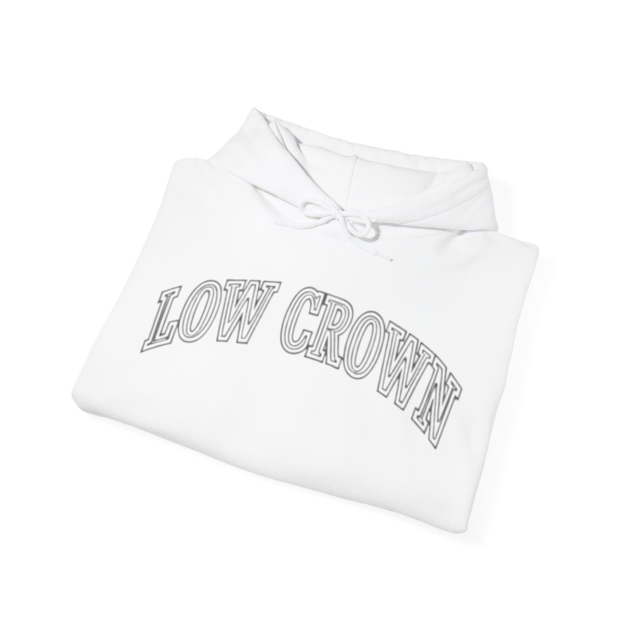 Low Crown Hoodie — Minimal White Graphic Hooded Sweatshirt