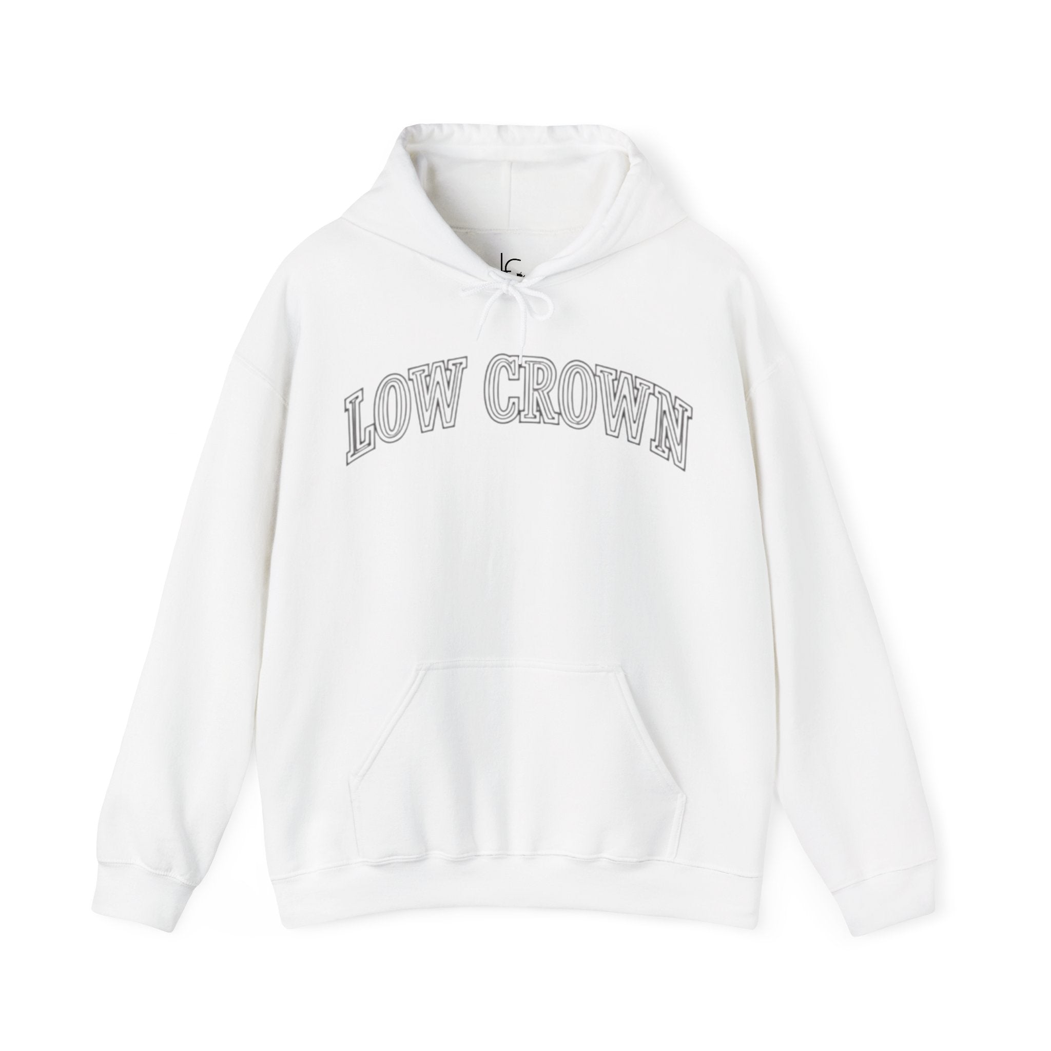 Low Crown Hoodie — Minimal White Graphic Hooded Sweatshirt