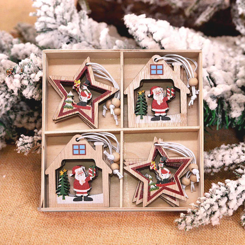 12/9Pcs Christmas Wooden Xmas Tree Snowflake Pendant