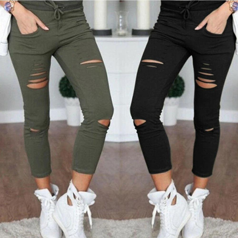 2020 Cargo Pants Women Fashion Slim High Waisted Stretchy Skinny Broken Hole Pencil Pants Solid Color Streetwear Trousers Womens