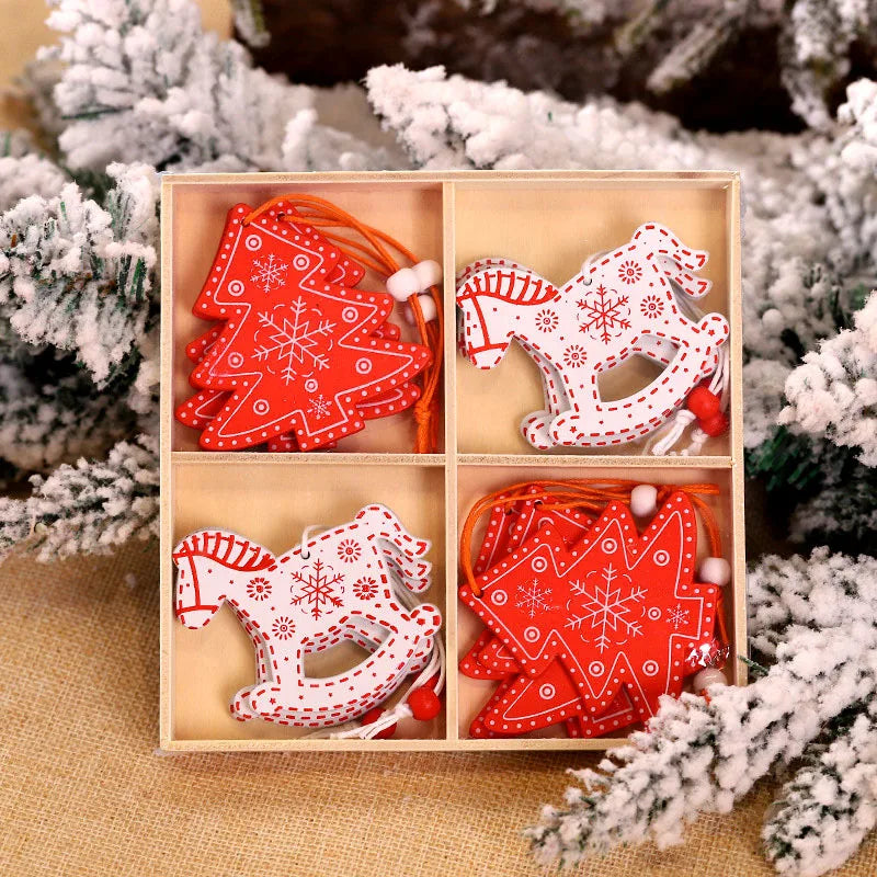 12/9Pcs Christmas Wooden Xmas Tree Snowflake Pendant