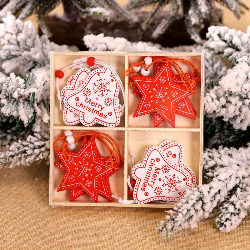 12/9Pcs Christmas Wooden Xmas Tree Snowflake Pendant