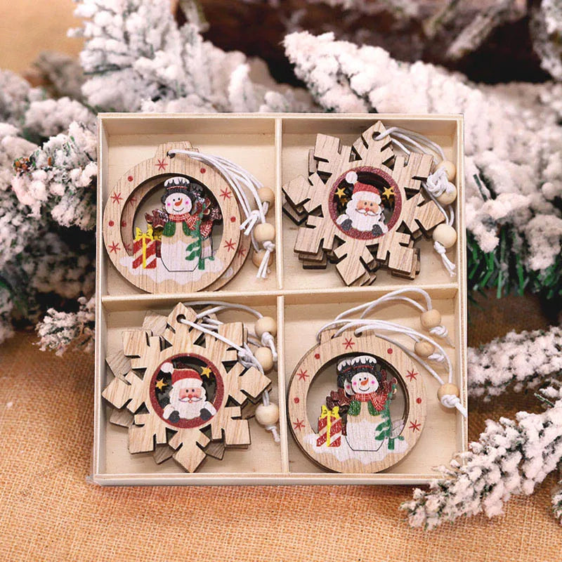 12/9Pcs Christmas Wooden Xmas Tree Snowflake Pendant