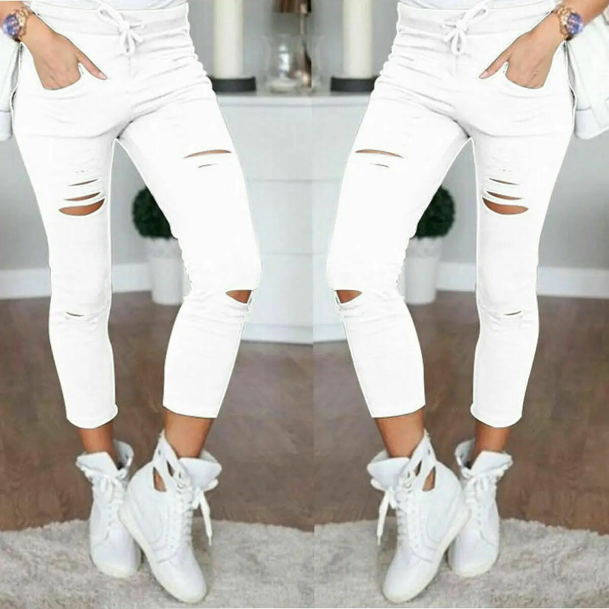 2020 Cargo Pants Women Fashion Slim High Waisted Stretchy Skinny Broken Hole Pencil Pants Solid Color Streetwear Trousers Womens