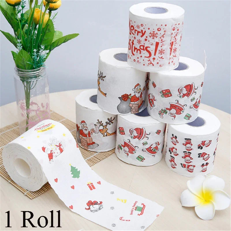 1Roll Christmas Toilet Paper Festival Theme Printed Wood Pulp Toilet Paper Festive Gifts Roll Santa Claus Reindeer Decor Supplie