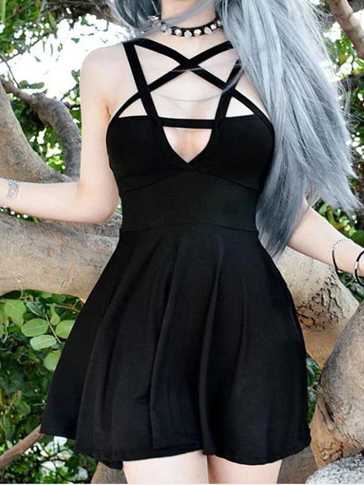 2023 New Retro Pentagram Strap Gothic Dress Women Punk Grunge Sexy A - Line Dark Summer Dresses Hot Sale Pleated Slim Street Style