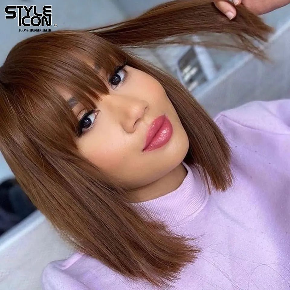 180 Density Full Machine Wigs Highlight Brown Colored Bone Straight Human Hair Bob Wigs P1B 30 Human Hair With Bangs For Women