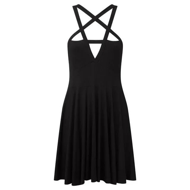 2023 New Retro Pentagram Strap Gothic Dress Women Punk Grunge Sexy A - Line Dark Summer Dresses Hot Sale Pleated Slim Street Style