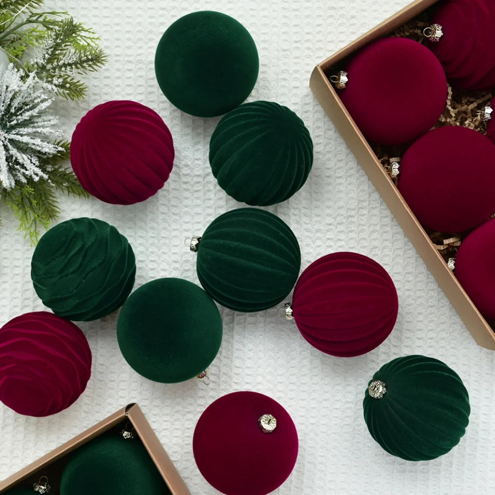 12 pcs/Box Velvet Christmas Ball Decoration 8cm Red Green Christmas Tree Ball Ornament Merry Christmas Decoration for Home