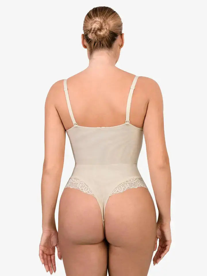 Deep V-Neck Lace Thong Bodysuit